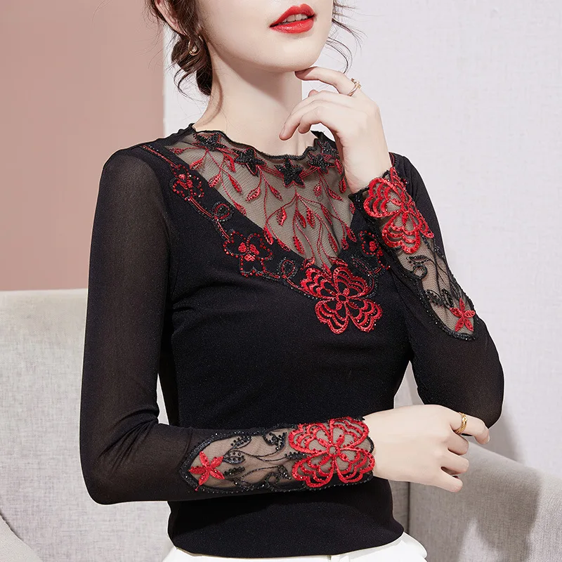 SALE Fashion Casual Long Sleeved Lace T-Shirt Elegant Slim Hollow Out Embroidered Bottom Shirt