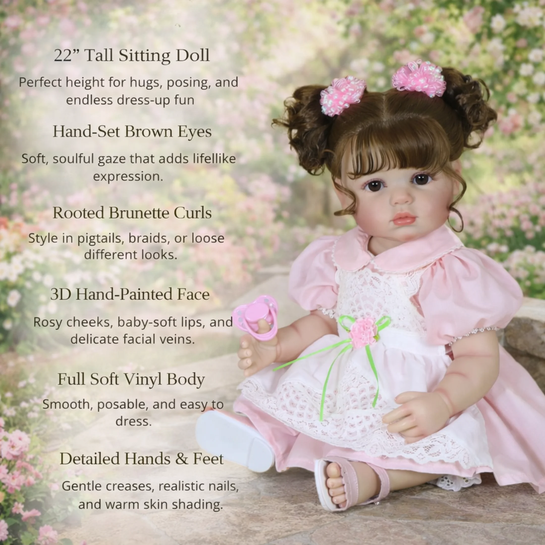 

Realistic Reborn Toddler Doll-22 inch doll Brown Rooted hair / Brown eyes/Sweet face/Light Skin Tone , Birthday Gift For Ages 3+