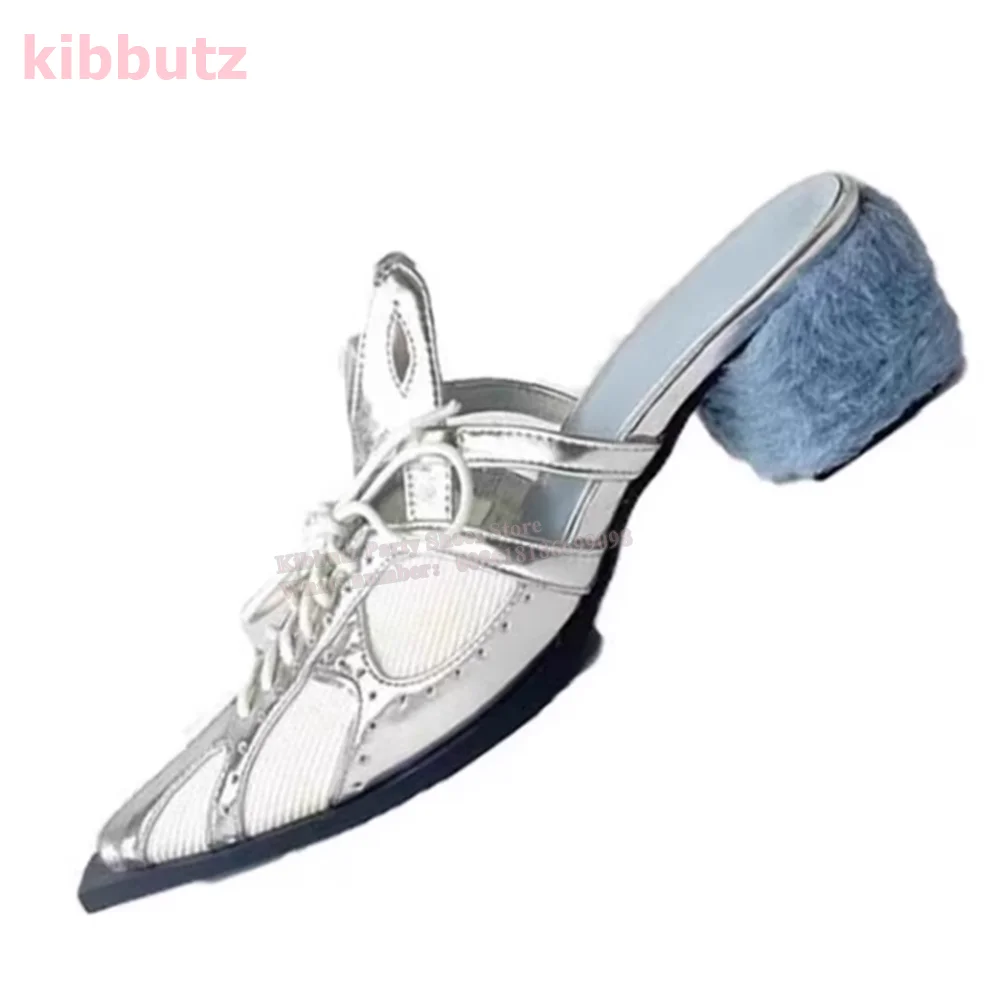 Zapatillas de piel con punta estrecha y Tacón cuadrado para mujer, zapatos de piel auténtica con cordones, colores mezclados, cálidos, a la moda, Sexy, novedad, Invierno