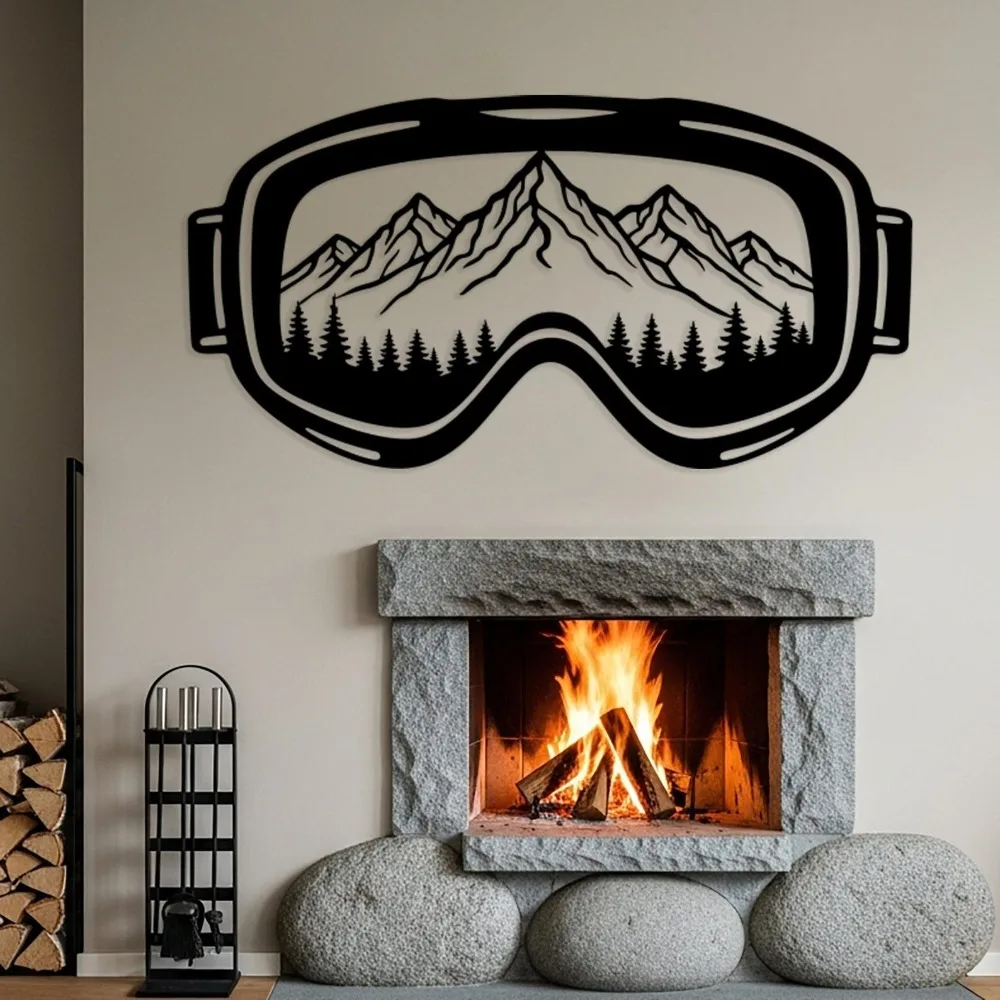 Flat Mountain Ski Goggle Metal Wall Art, Laser‑Cut Iron Silhouette, Powder‑Coated Rust‑Resistant Horizontal Winter Landscape