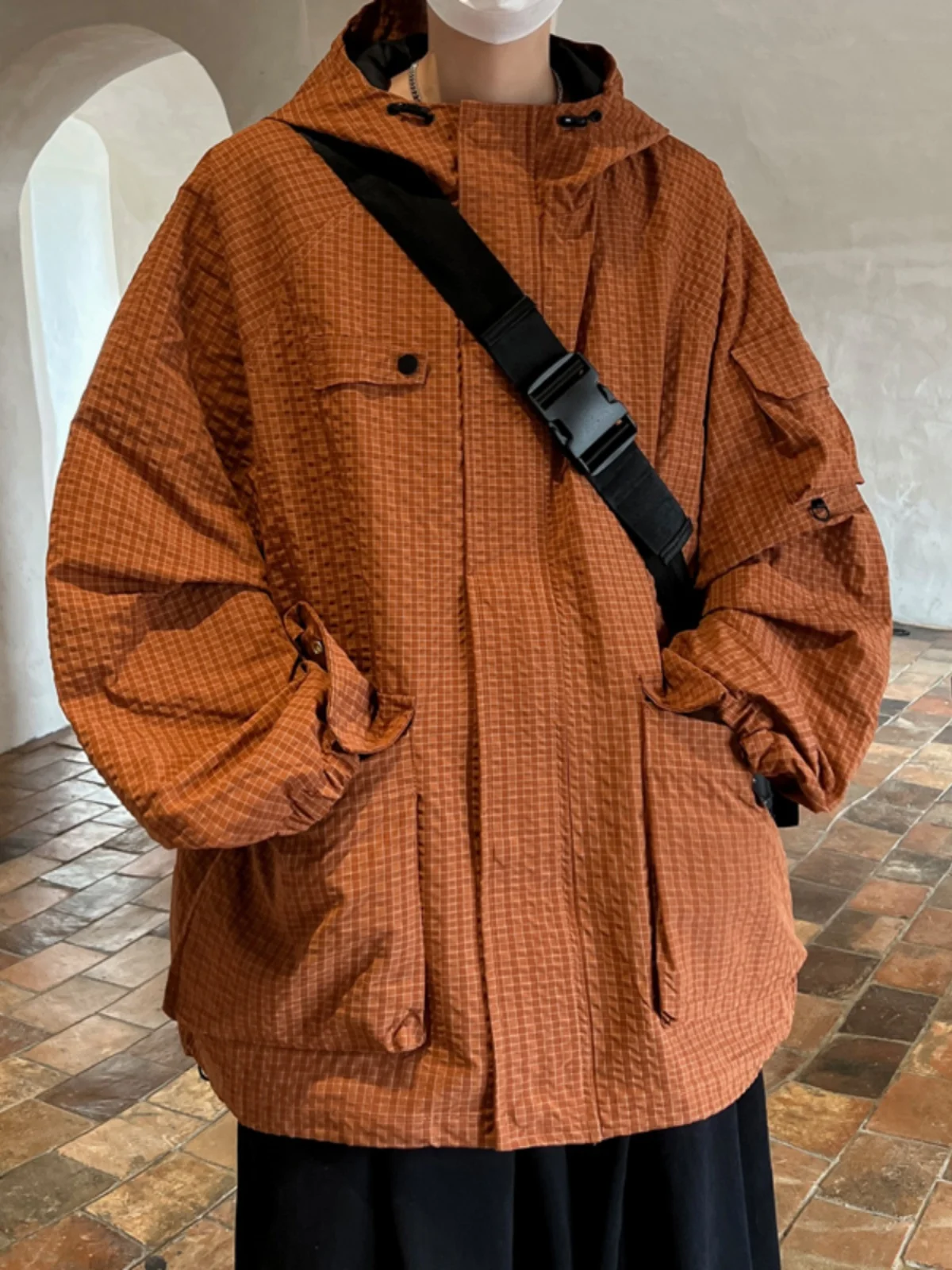 

Men's Plaid Fce Jaet Spring Autumn Loose Fit Outdoor Climbing Clothing Windproof Polyester Fiber Hooded Zipper Closure W...