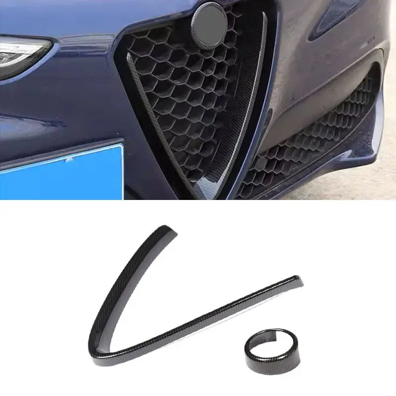 2pcs For Alfa Romeo Giulia 2017 - 2023 Car Front Grill V Frame Decoration Trim Logo Cover ABS Carbon Fiber Texture Accessories