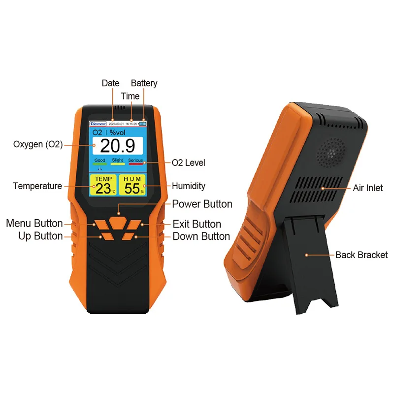 

New handheld USB charging O2 oxygen concentration detector measuring range 0-30% Vol temperature and humidity alarm