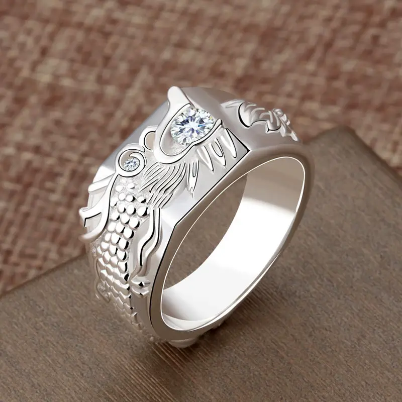 S925 silver creative Chinese dragon diamond ring men\'s domineering temperament diamond ring light luxury niche design jewelry