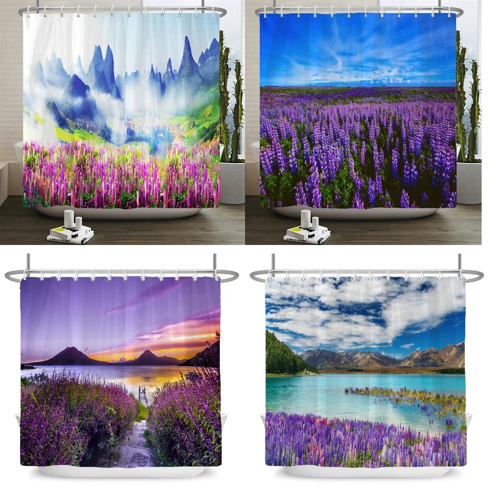 Purple lavender Natural Scenery Waterproof Polyester Shower Curtain with Hooks For Bathtub Bathroom Screen Home Decor Wall Cloth