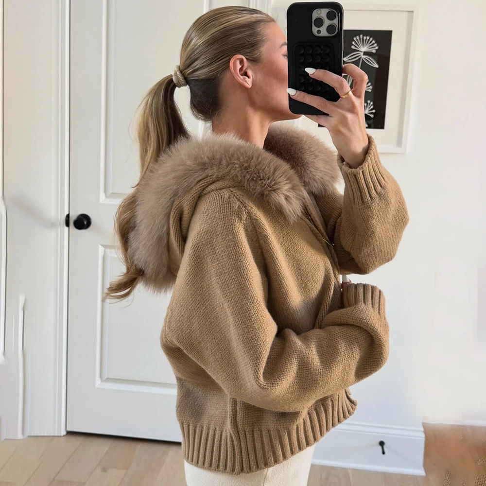 Talenza Winter Female Sweater Hoodie Cardigan Fluffy Zipper Patchwork Long Sleeve Ribbed Solid Knit jacket Coat Women's Cardigan