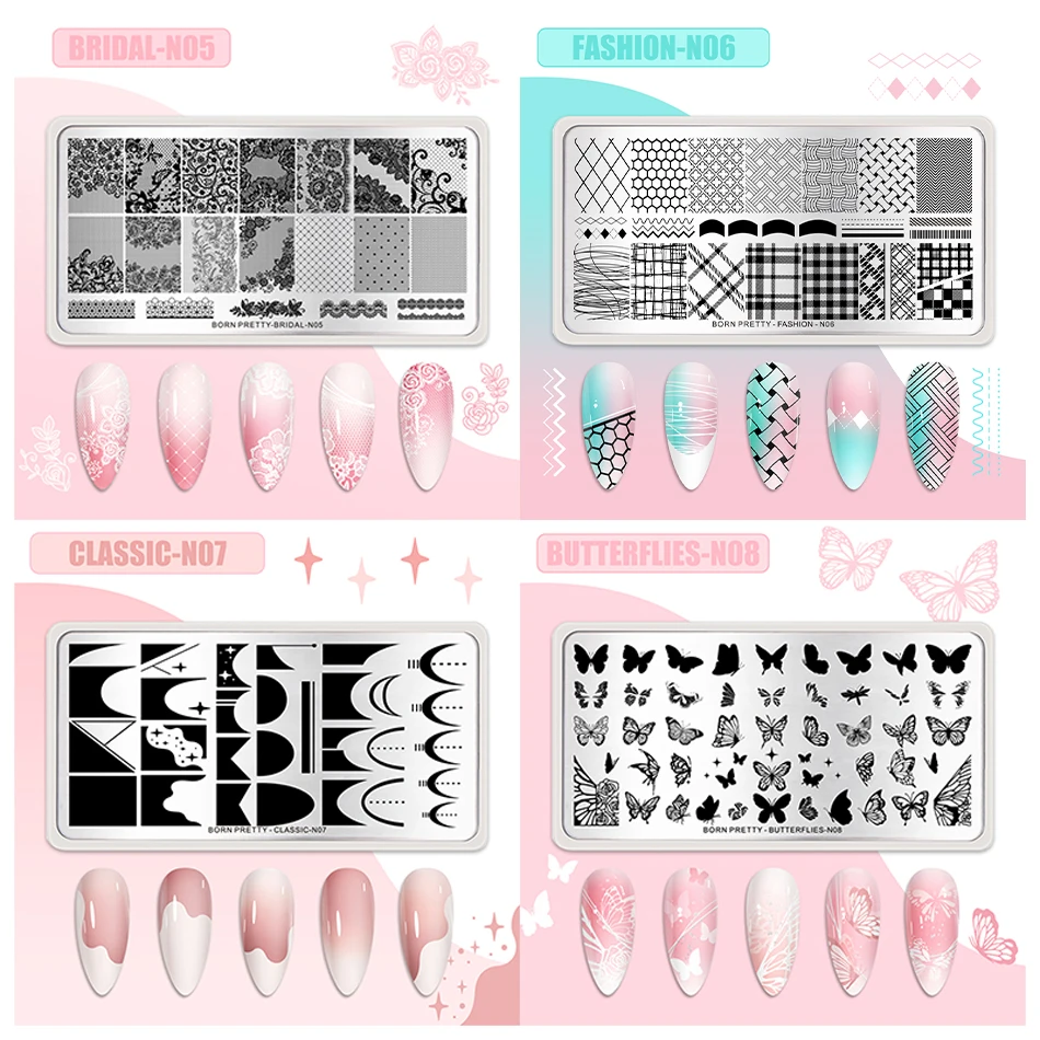 BORN PRETTY Klassische karierte französische Nagelstempelplatten, einfaches Design, Blumenblätter, Nageldruckschablone, Blumenlinien-Stempelschablone – Detail 3