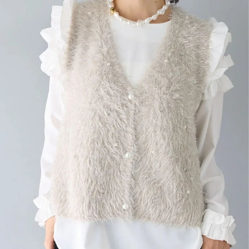 Autumn Winter Peals Beading Knitted Vest Women Outerwears Korean Fashion Chic O Neck Sleeveless Cardigan Sweater Vests Coat Tops