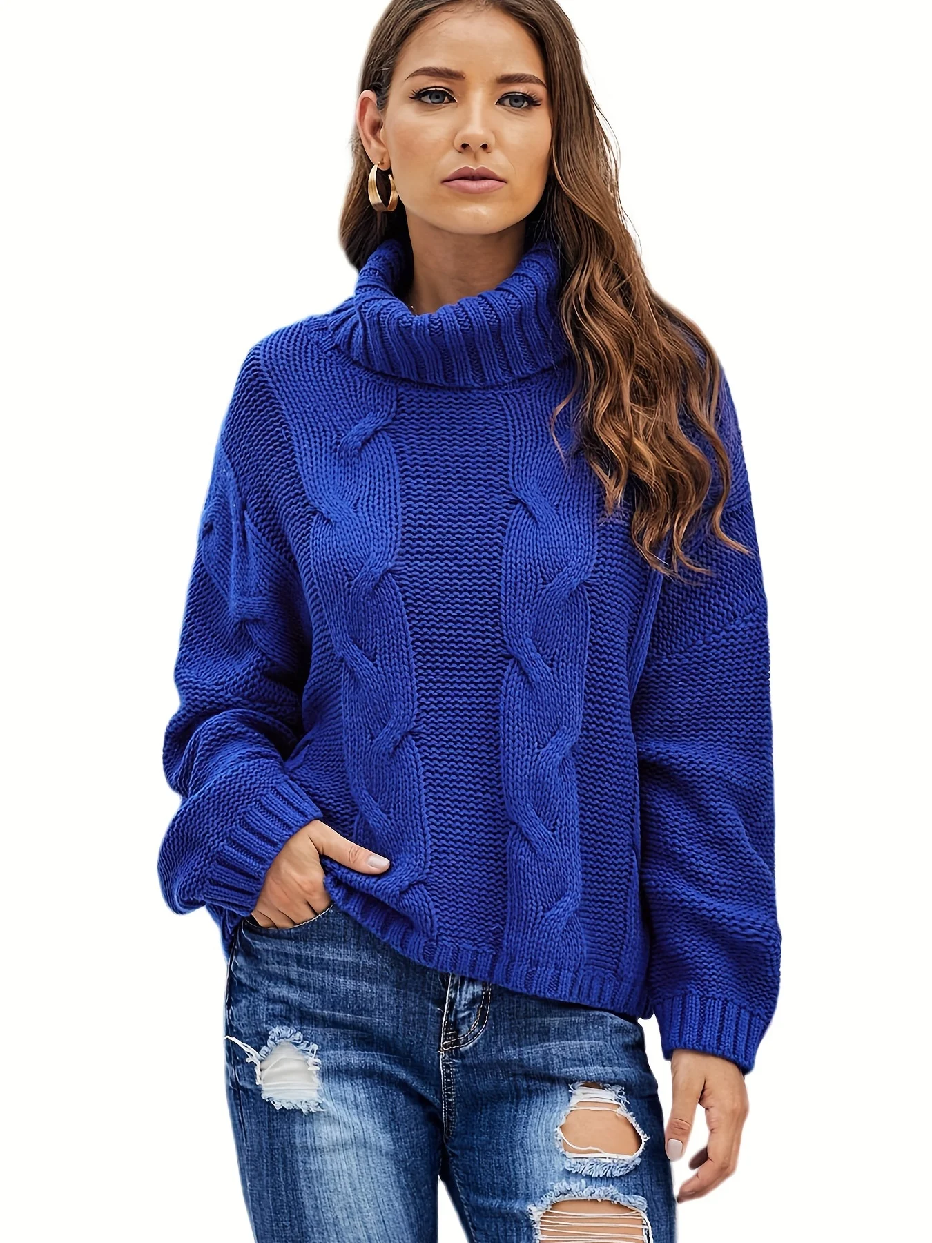 Autumn and winter slouchy lean senior twist blue turtleneck sweater women\'s pullover loose long-sleeved wool sweater