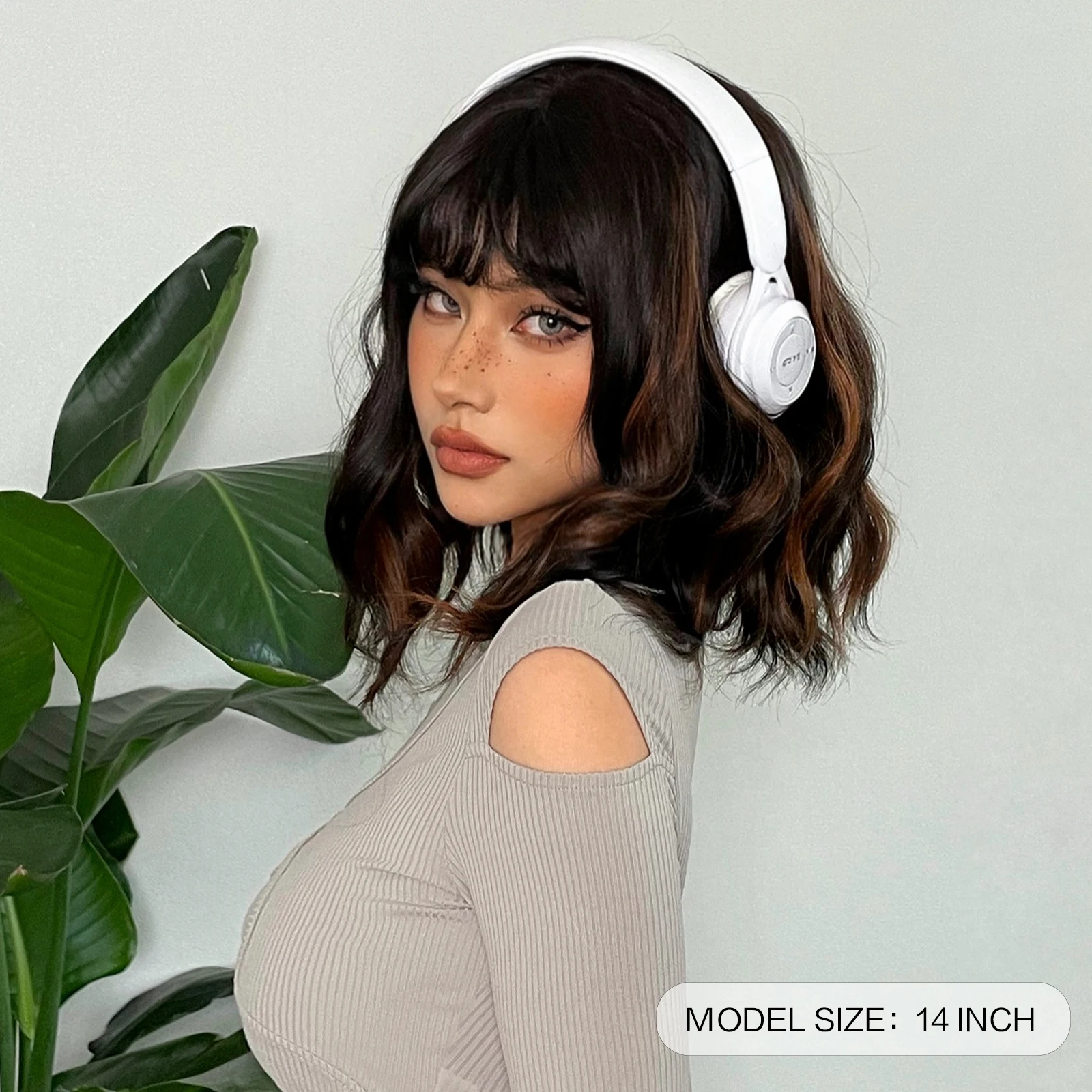 باروكة بوب صناعية باللون الأسود والبني، باروكات قصيرة مموجة مع غرة للنساء، مقاومة للحرارة، للاستخدام اليومي، باروكات شعر وهمية