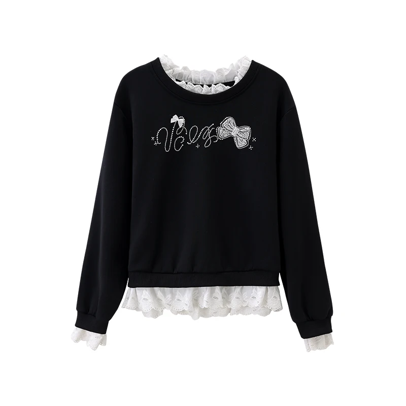 ALXNAN Women's Black Sweatshirt Round Neck Long Sleeve Hoodies Autumn Lace Stitching Bow Beading Design Loose-fit Top L569118