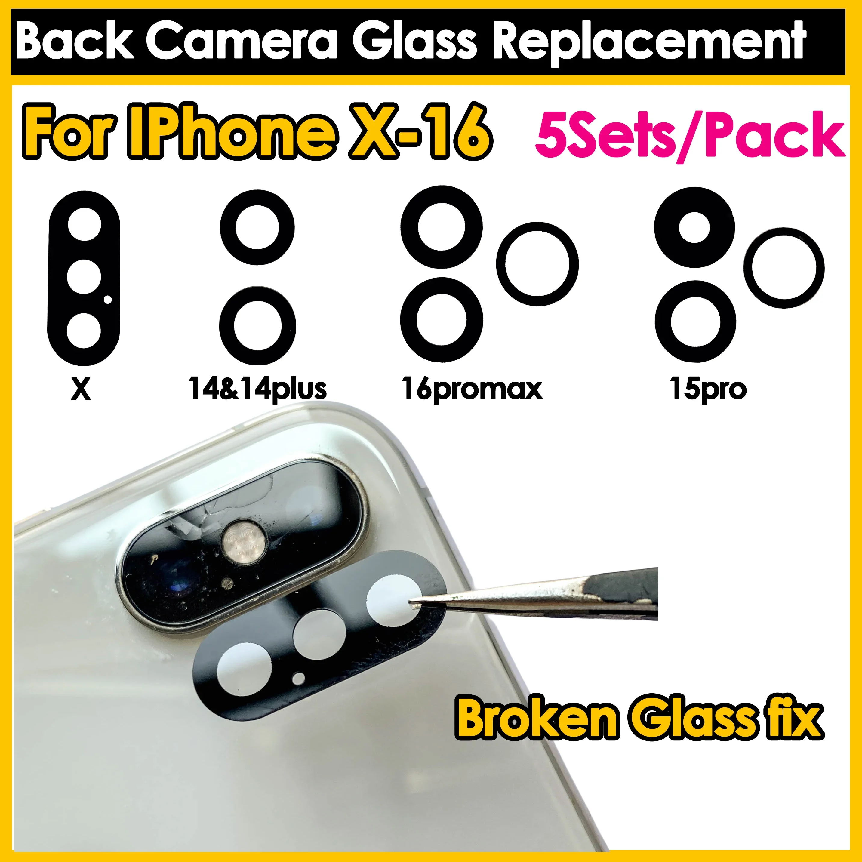 

5Sets New Back Camera Glass Replacement For IPhone 16 15 14 13 12 11 Pro Max X Xs Max Xr Plus Broken Camera Lens Repair Kits