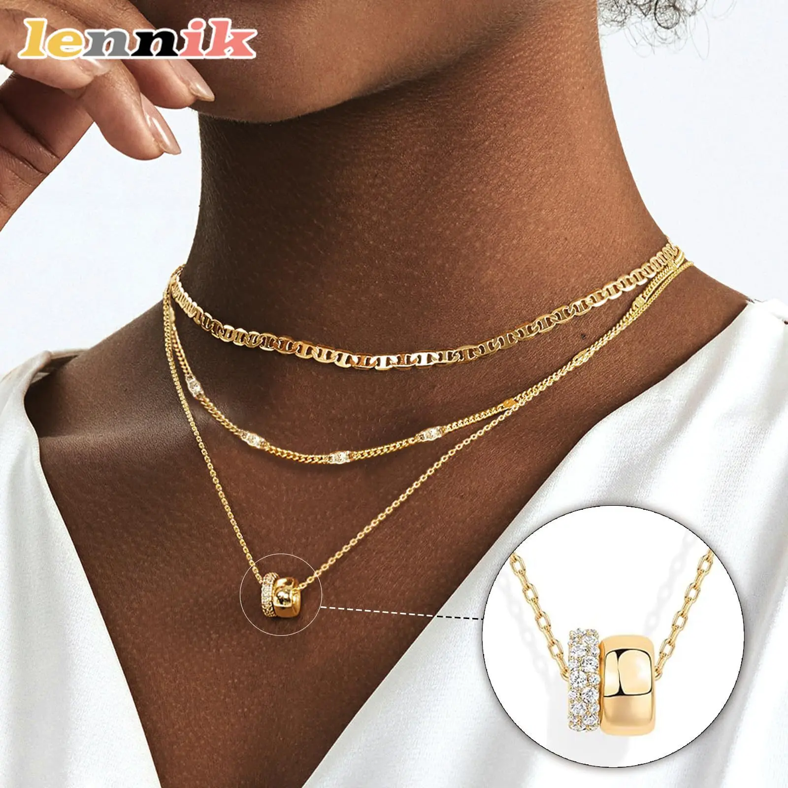 قلادة LENNIK الفاخرة ذات الدائري المزدوج للنساء، تصميم مرصع بالزركون، قلادة أنيقة بحلقة مزدوجة، مجوهرات عصرية متعددة الاستخدامات
