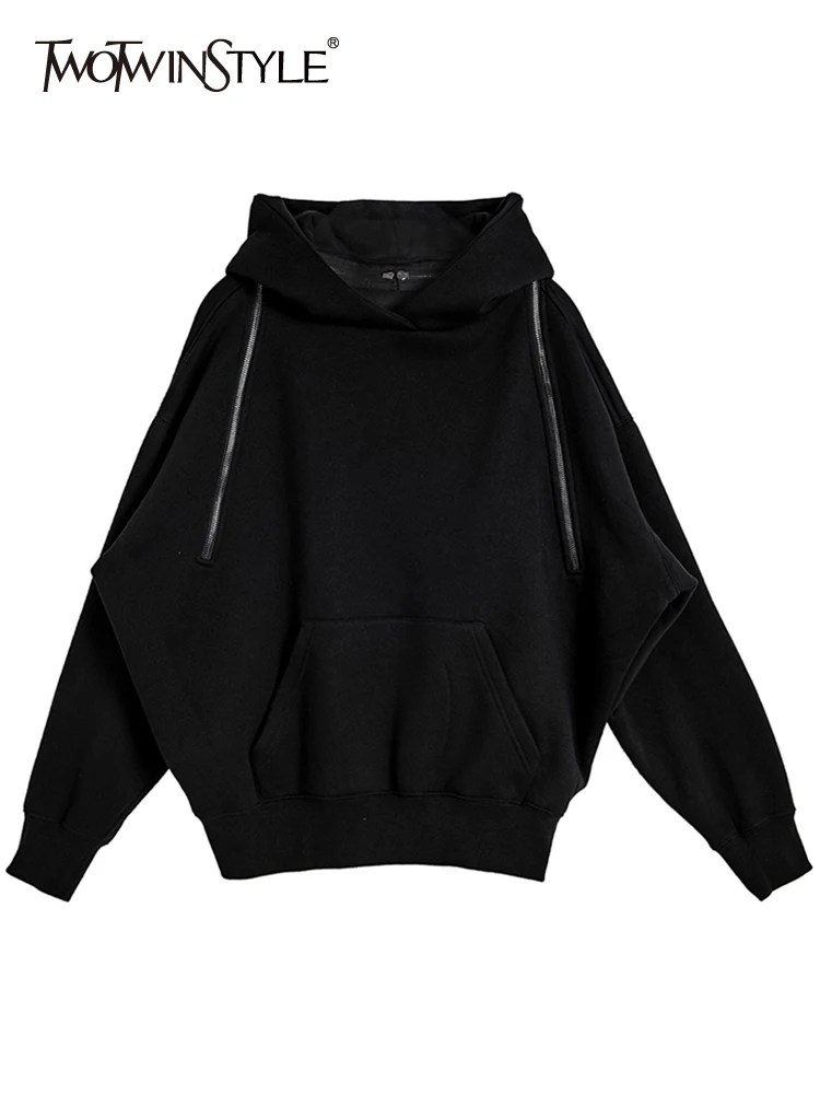 TWOTWINSTYLE Solid Minimalist Spliced Zipper Sweatshirt For Women Hooded Long Sleeve Patchwork Pocket Loose Sweatshirts Female