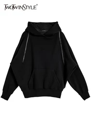 TWOTWINSTYLE Solid Minimalist Spliced Zipper Sweatshirt For Women Hooded Long Sleeve Patchwork Pocket Loose Sweatshirts Female