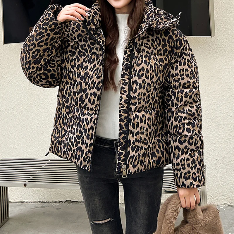 Women\'s Winter Leopard High Collar Hooded Long Sleeve Cotton Jacket High Street Harajuku Retro Warm Winter Jacket Clothing 2024