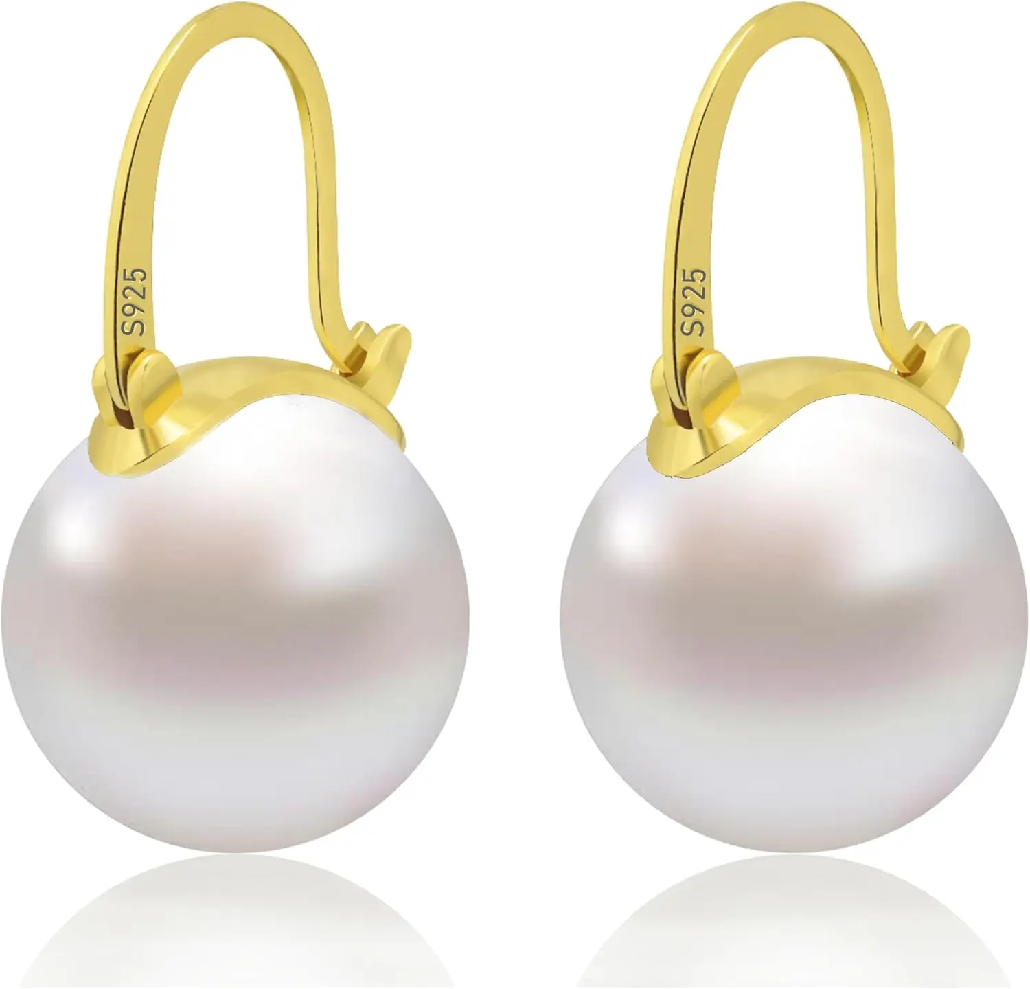 

Pearl Drop Earrings, 14mm Elegant Big Pearl Earrings 925 Sterling Silver 14K Gold Plated Clasp for