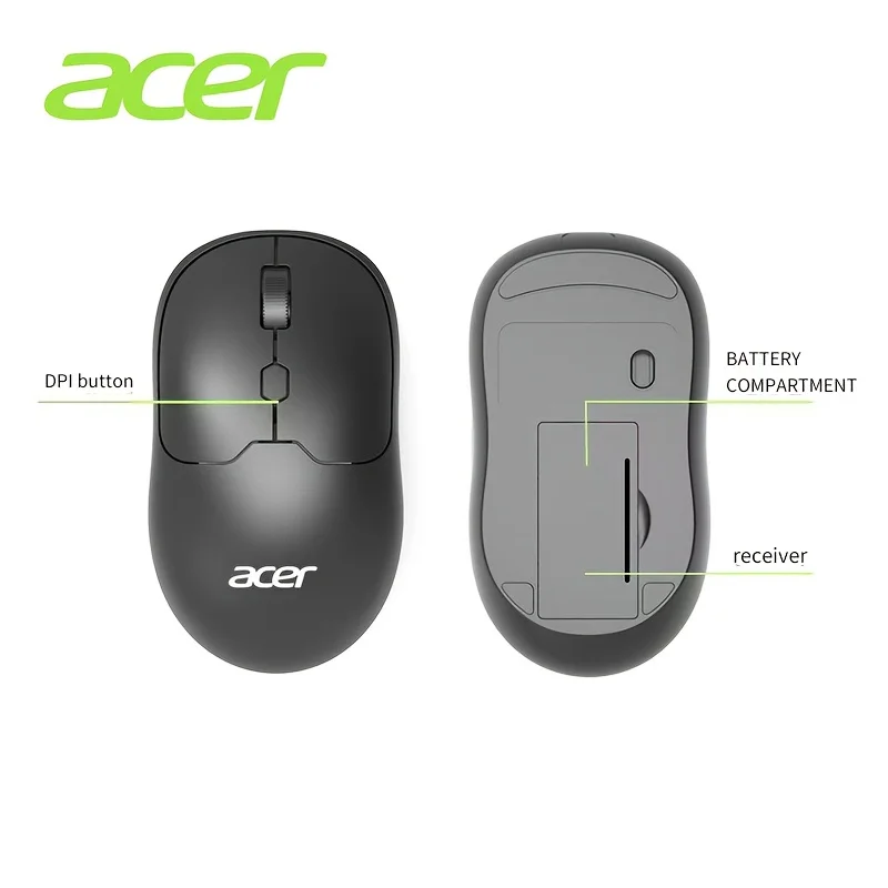 Mouse Nirkabel Acer 2.4G Desktop Notebook Universal, Bertenaga Baterai (Tanpa Baterai), Penerima USB Plug and Play OMR930