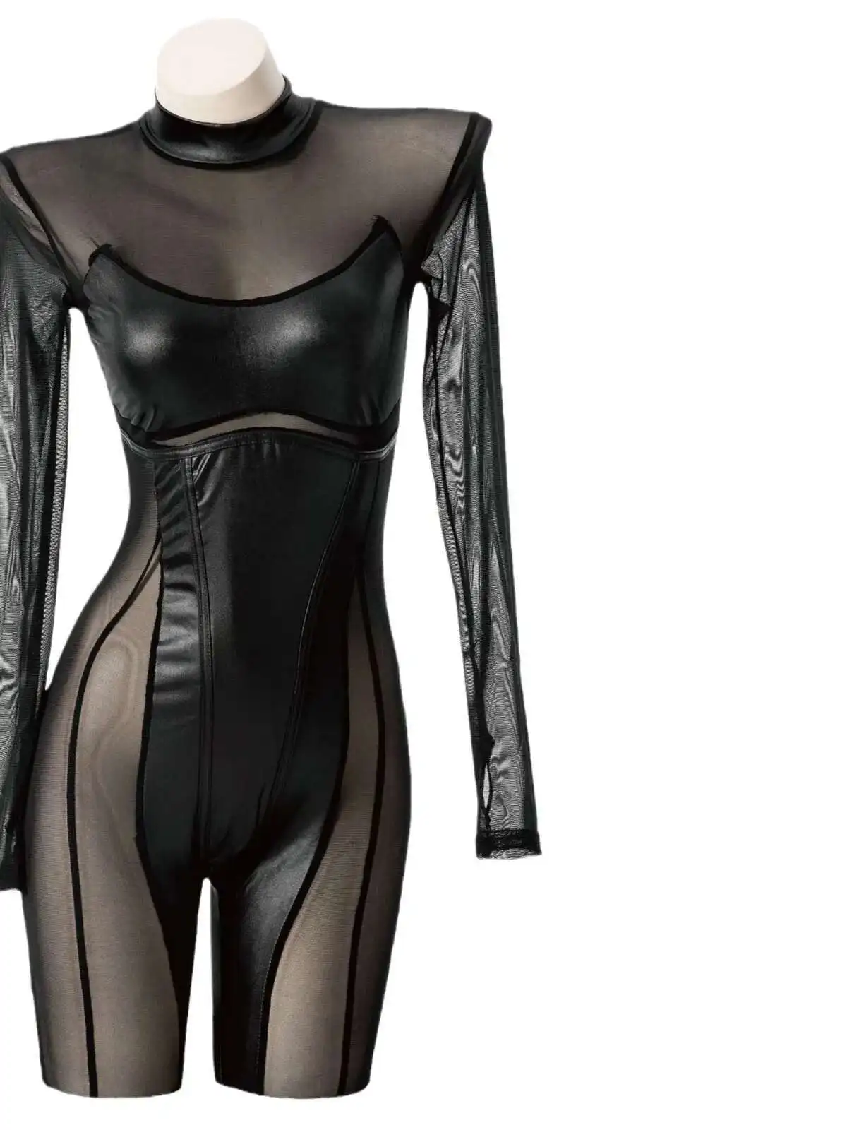 コスプレパーティー女性のナイトクラブスタイルスプライスメッシュ透明長袖セクシーなタイトな黒のボディスーツ快適なスムーズ G4ZT