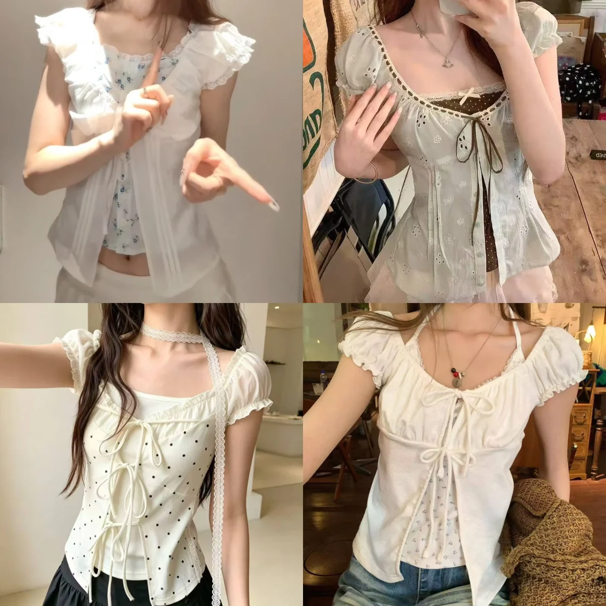 Trendy Slim Women Y2K American Retro Floral Fake Two Tees Harajuku Grunge Short Sleeve Daily Casual Street Fashion Shirts