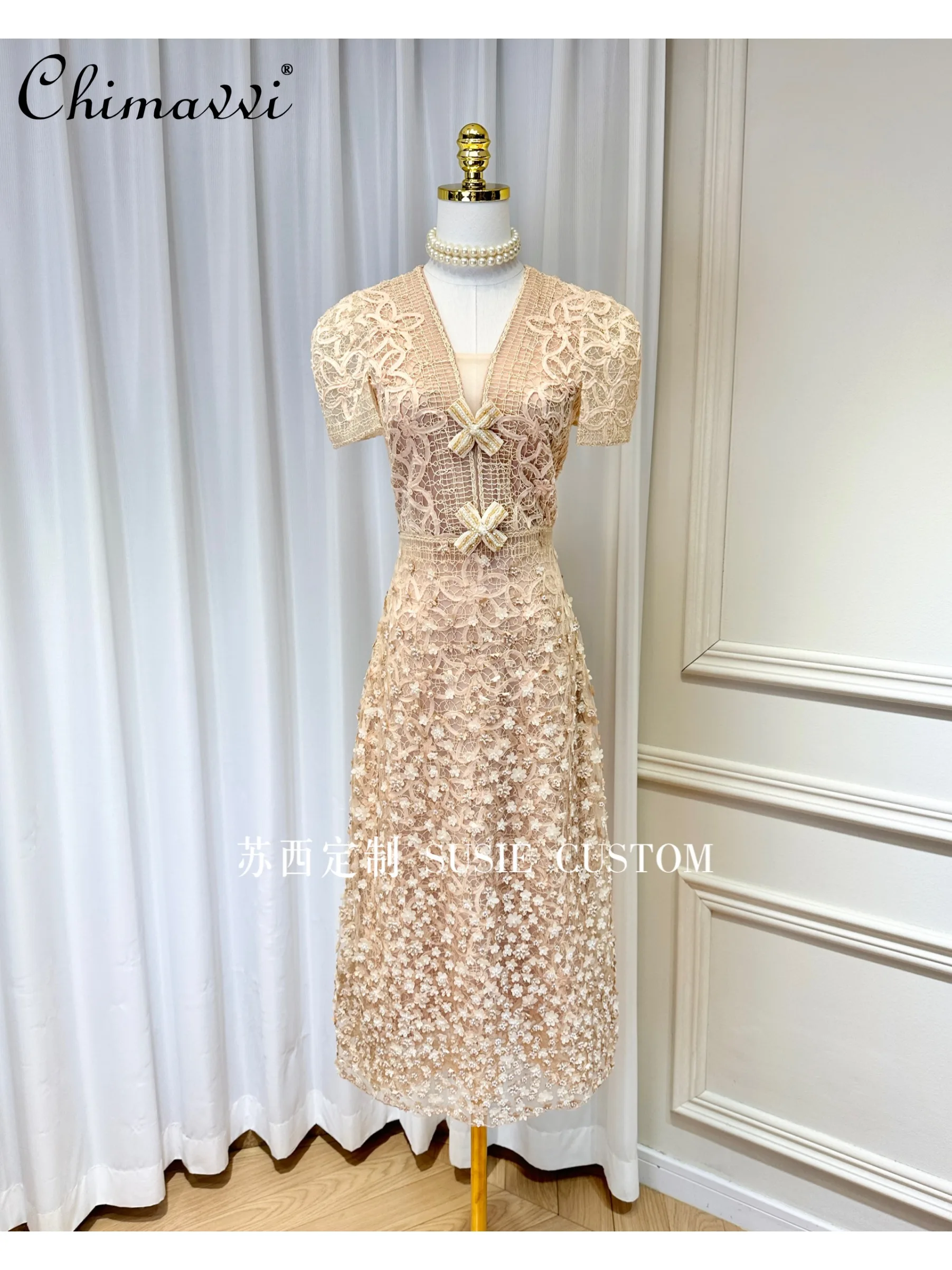Franse Stijl Elegante Socialite Handgemaakte 3d Bloem Kralen V-Hals Korte Mouw Hoge Taille Slim Fit Avond Lange Jurk Vrouwen Zomer - afbeelding 2