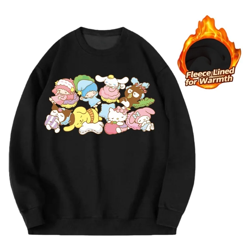 

Sanrio Series Printed Crew Neck Long-Sleeve Top, Cute and Warm Fleece-Lined Crew Neck Long-Sleeve T-Shirt, 100% Cotton