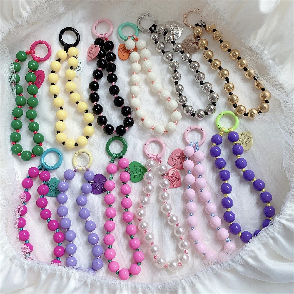 Korean Cute Love Heart Beaded Colorful Sweet Phone Bracelet For iPhone Women Accessories Anti-Lost Chain Lanyard Hanging Cord