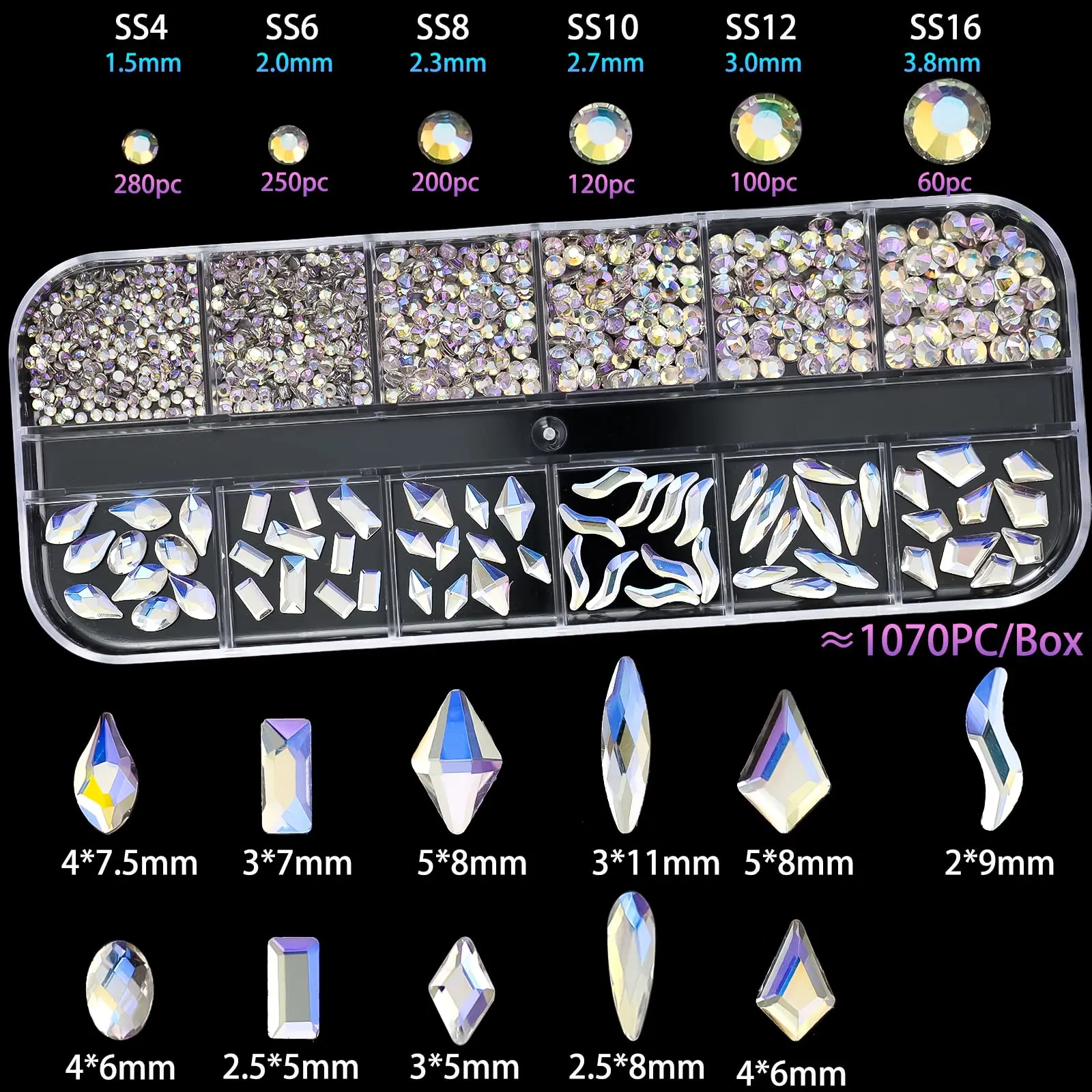 Una scatola di strass per nail art Strass al chiaro di luna, gemme di vetro 3D con retro piatto Crystal AB in più forme