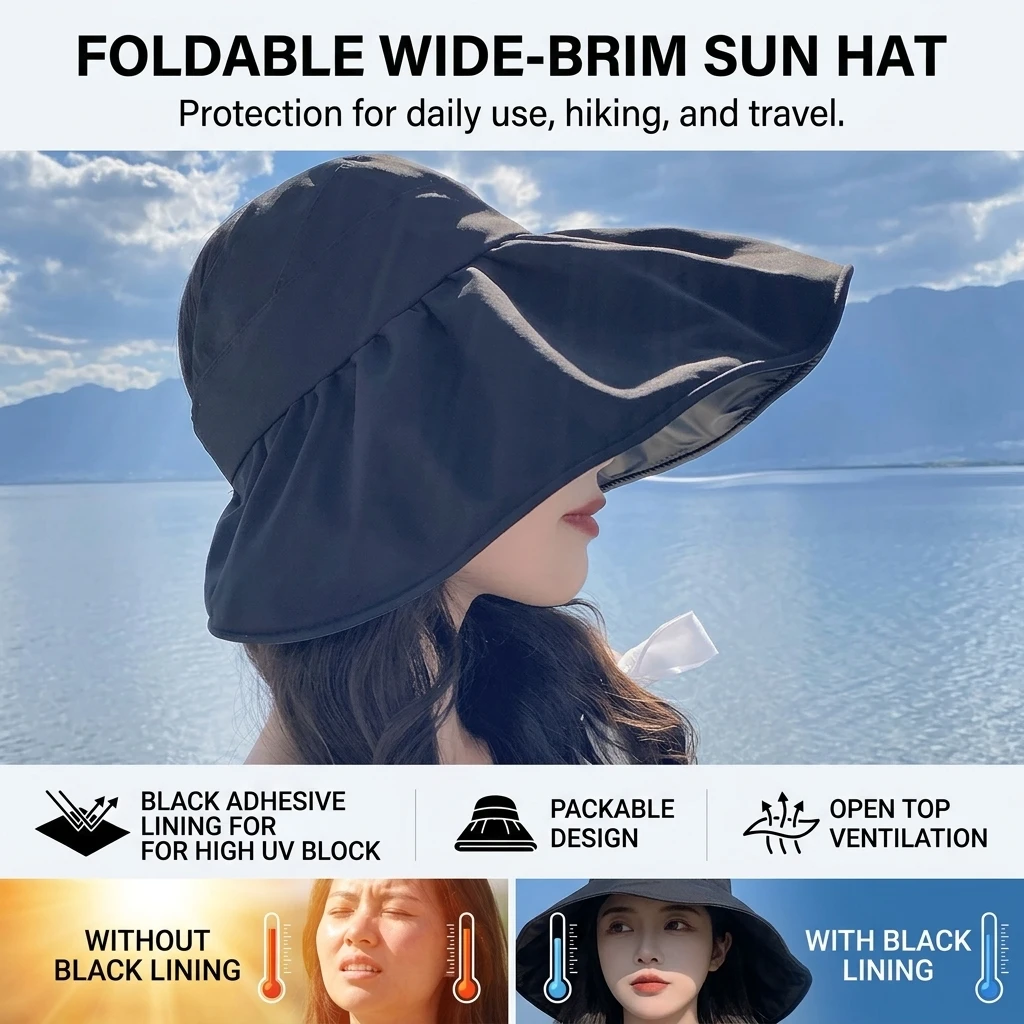 Women Sunhat 15cm Wide Brim UV Protection Black Glue Hollow Top Foldable Sun Hat for Beach Hiking Outdoor Activities view 2