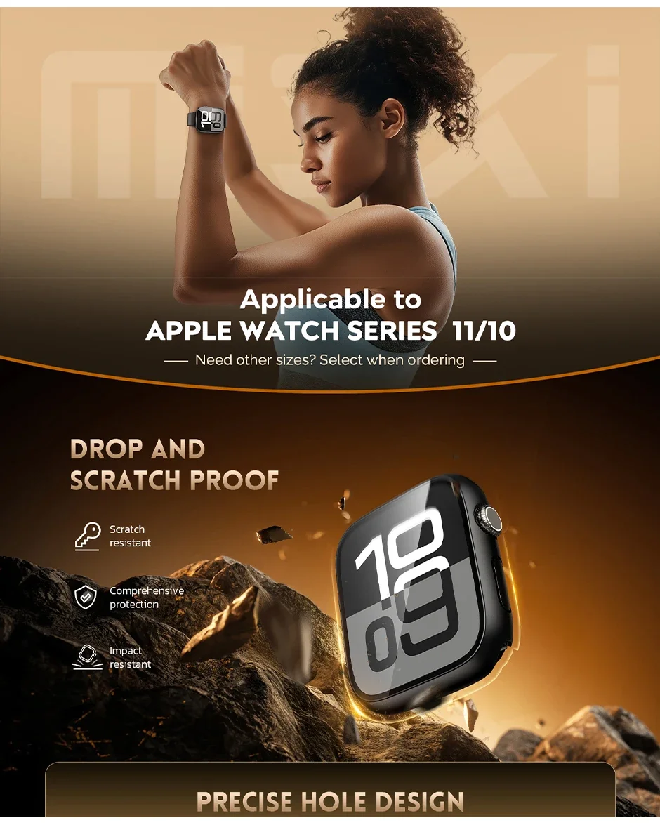 Matte PC-Uhrenhülle + gehärtetes Glas für Apple Watch 40/41/42/44/45/46 mm, Serie 12, 11, 10, 9, 8, 7, 6, 5, 4, SE, vollständig schützende Hülle. – Detail 1