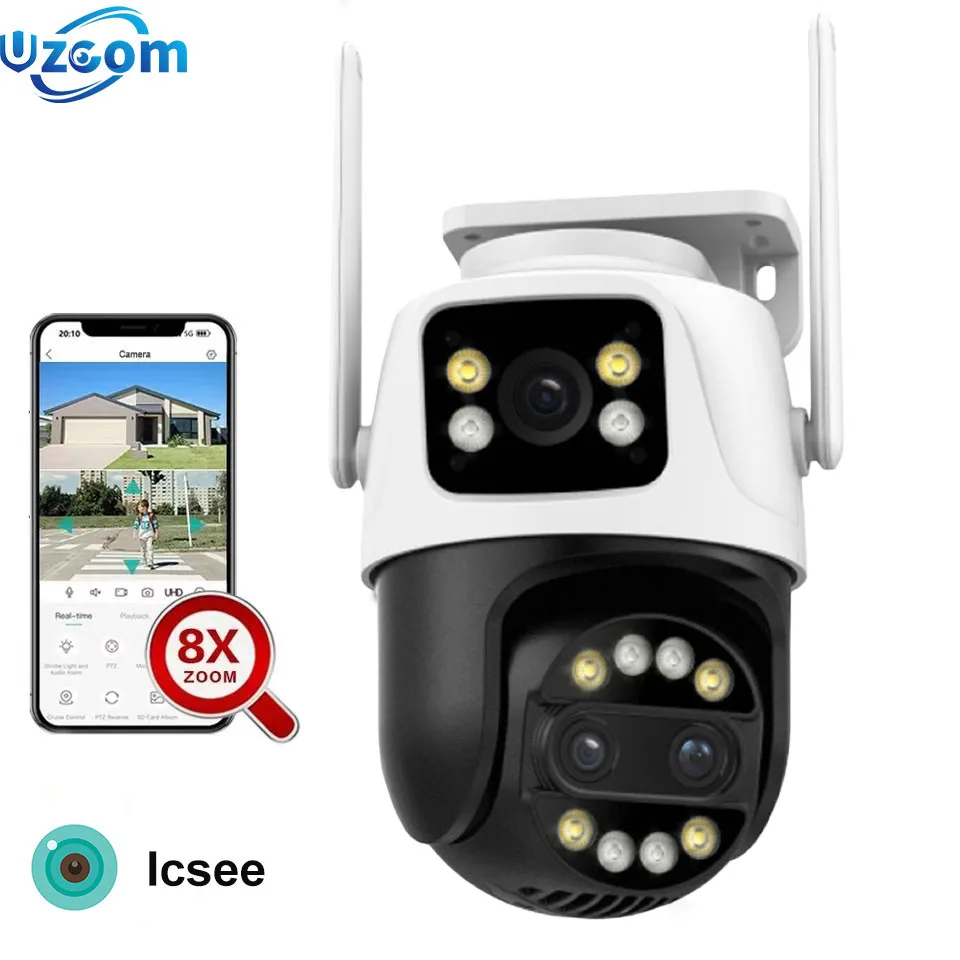 Uzoom 12MP 6K WiFi Camera with 8X Zoom 3 Lens Dual Screen Human Detection Auto Tracking CCTV for Outdoor Security Surveillance