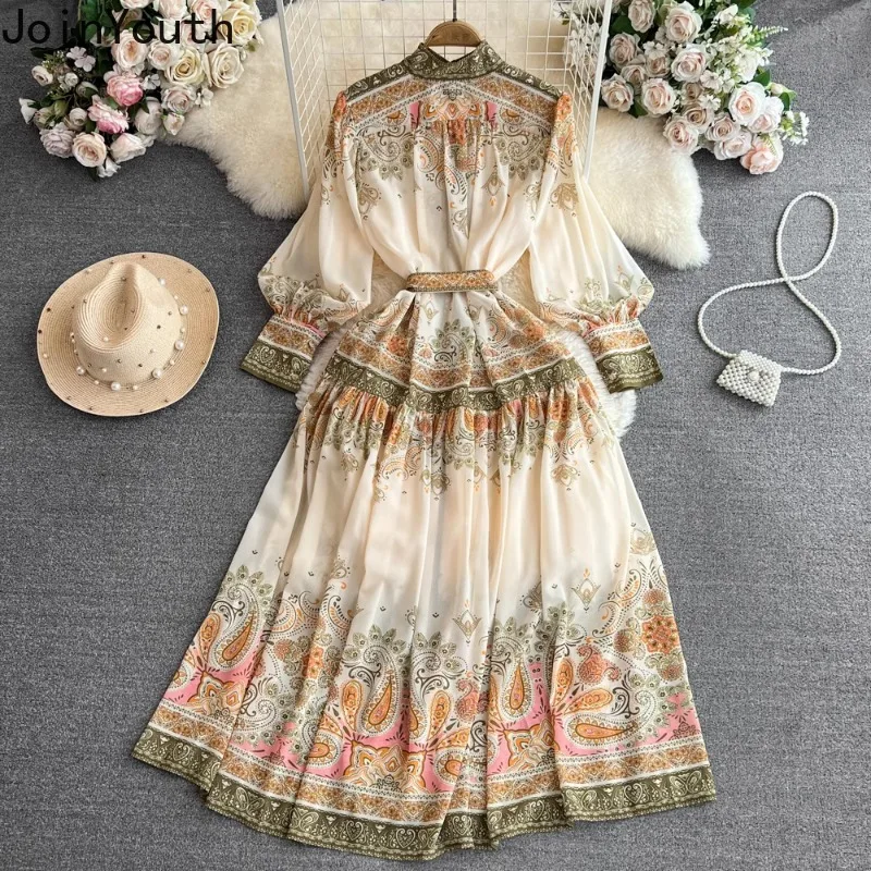 Floral Bandage Dress Women Lantern Sleeve Bandage Long Robe Femme 2024 Vestidos De Mujer Fashion Vintage Summer Maxi Dresses