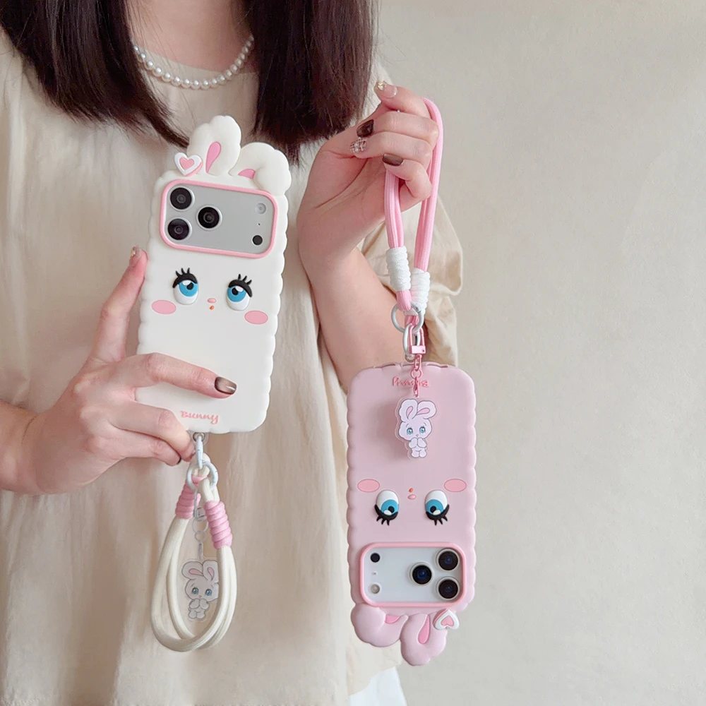 Kawaii 3D Cartoon Hasen-Handyhülle aus weichem Silikon für iPhone 16 17 18 Pro Max, niedliche, stoßfeste Rückseite mit Trageband, Fundas – Detail 1