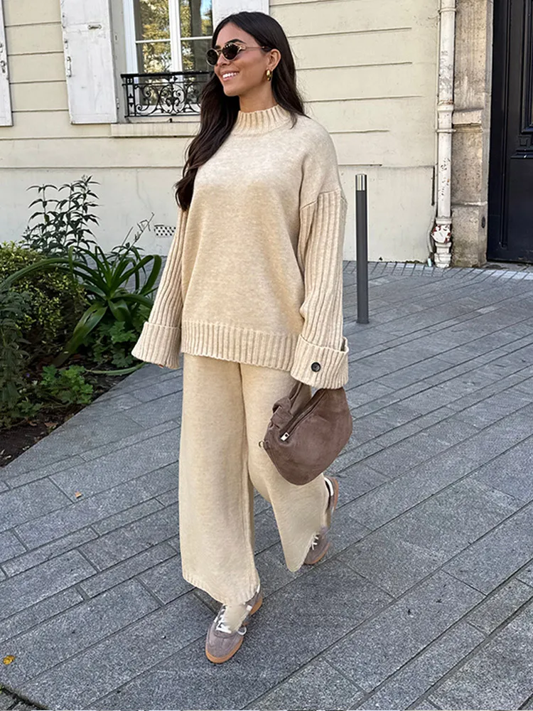 Solid Color Full Sleeved Knit Women\'s Sweater Set Casual Loose O-neck Top Long Wide Leg Pants Suits Autumn Warm Daily Streetwear