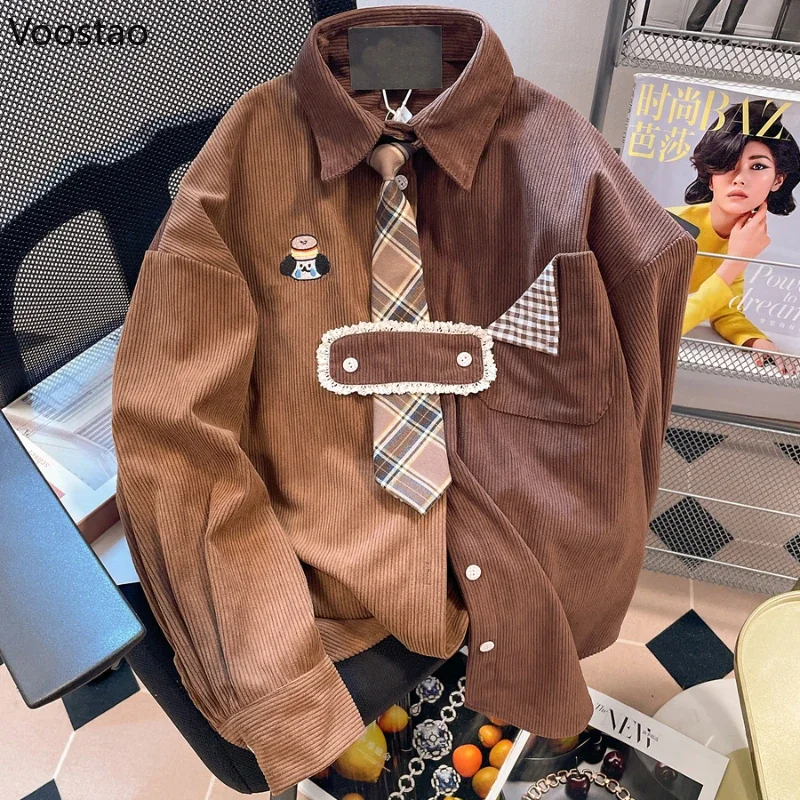 

Vintage Splicing Color Puppy Embroidery Plaid Tie Shirt Women Casual Long Sleeve Blouse Female Streetwear Y2k Corduroy Coat Tops