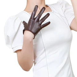 13cm Short Leather Gloves Female Faux Leather Imitation Sheepskin PU Women Gloves Matte Dark Brown Coffee HPU78