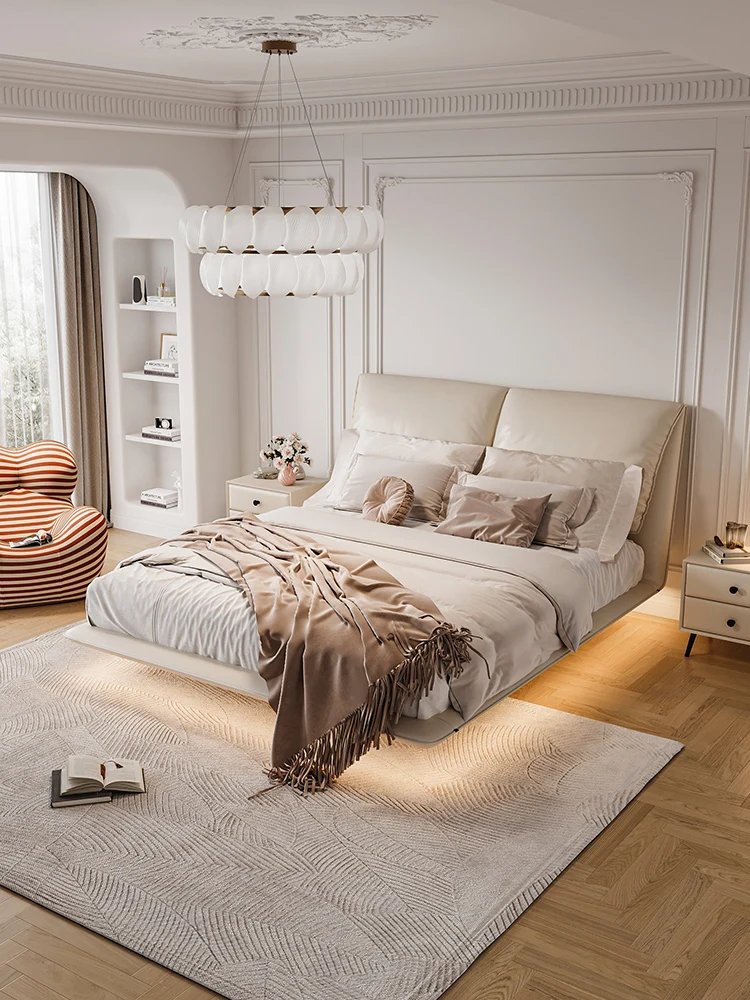 

Modern minimalist suspended leather bed, elephant ear bed, master bedroom, net red cream style double bed