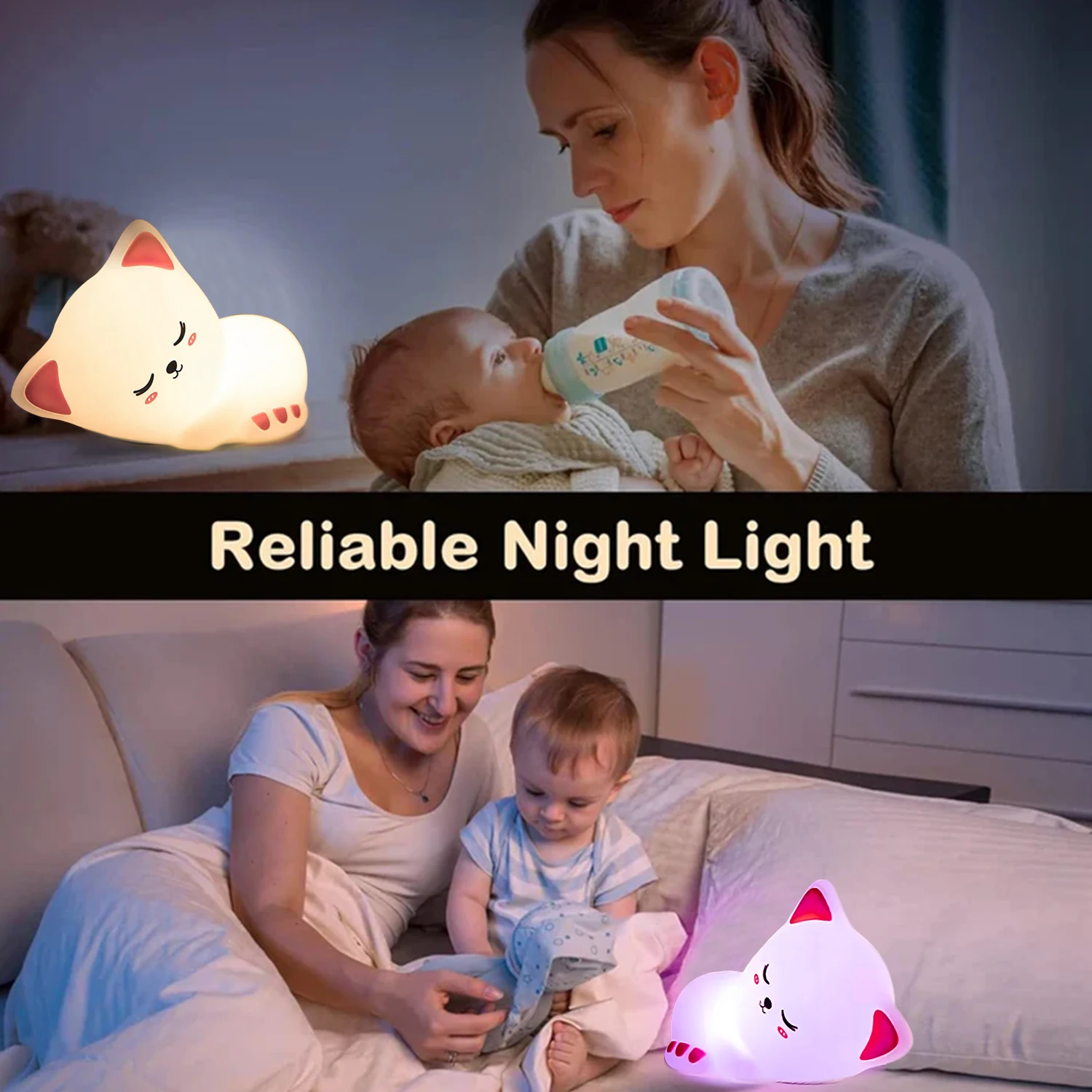 Cute Rechargeable Silicone LED Cat Night Light Kawaii Children's Bedroom Sleep RGB Desk Lamp Animal Touch Control Light with Timer Function Soft Glow Eye-friendly Table Lamp Gift for Kids Girls baby and Nursery or Bedroom Lighting