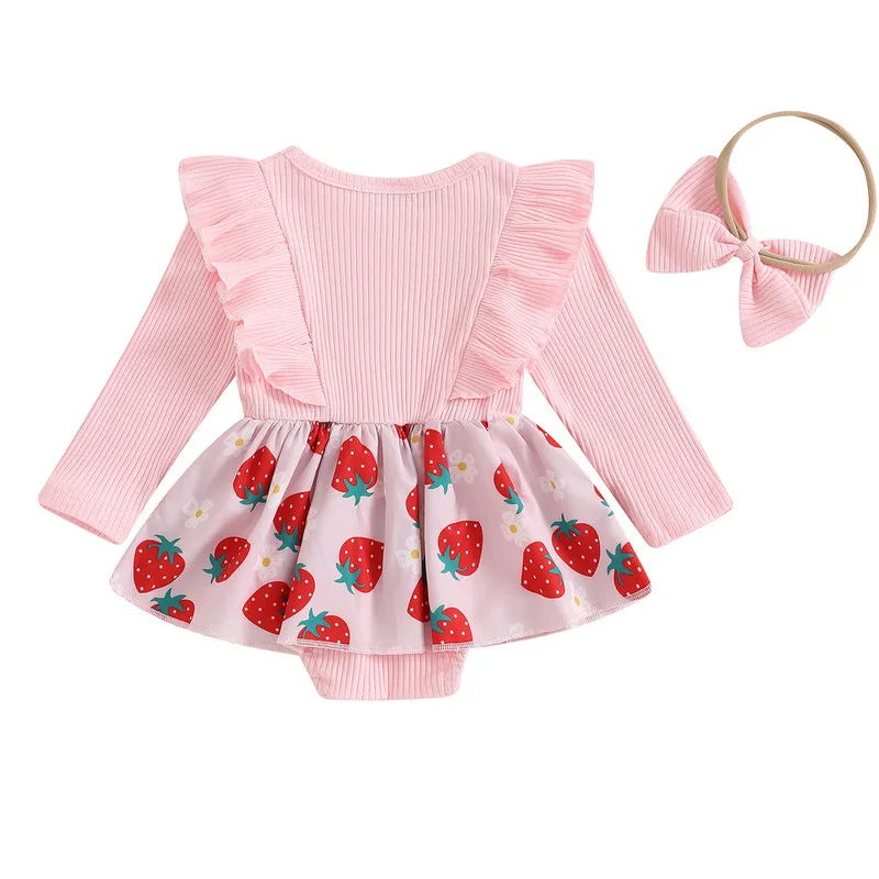 3 to 24 Months Baby Girls Ribbed Bodysuit Strawberry Print Long Sleeve Jumpsuit Bow Headband Outfits Baby Clothing