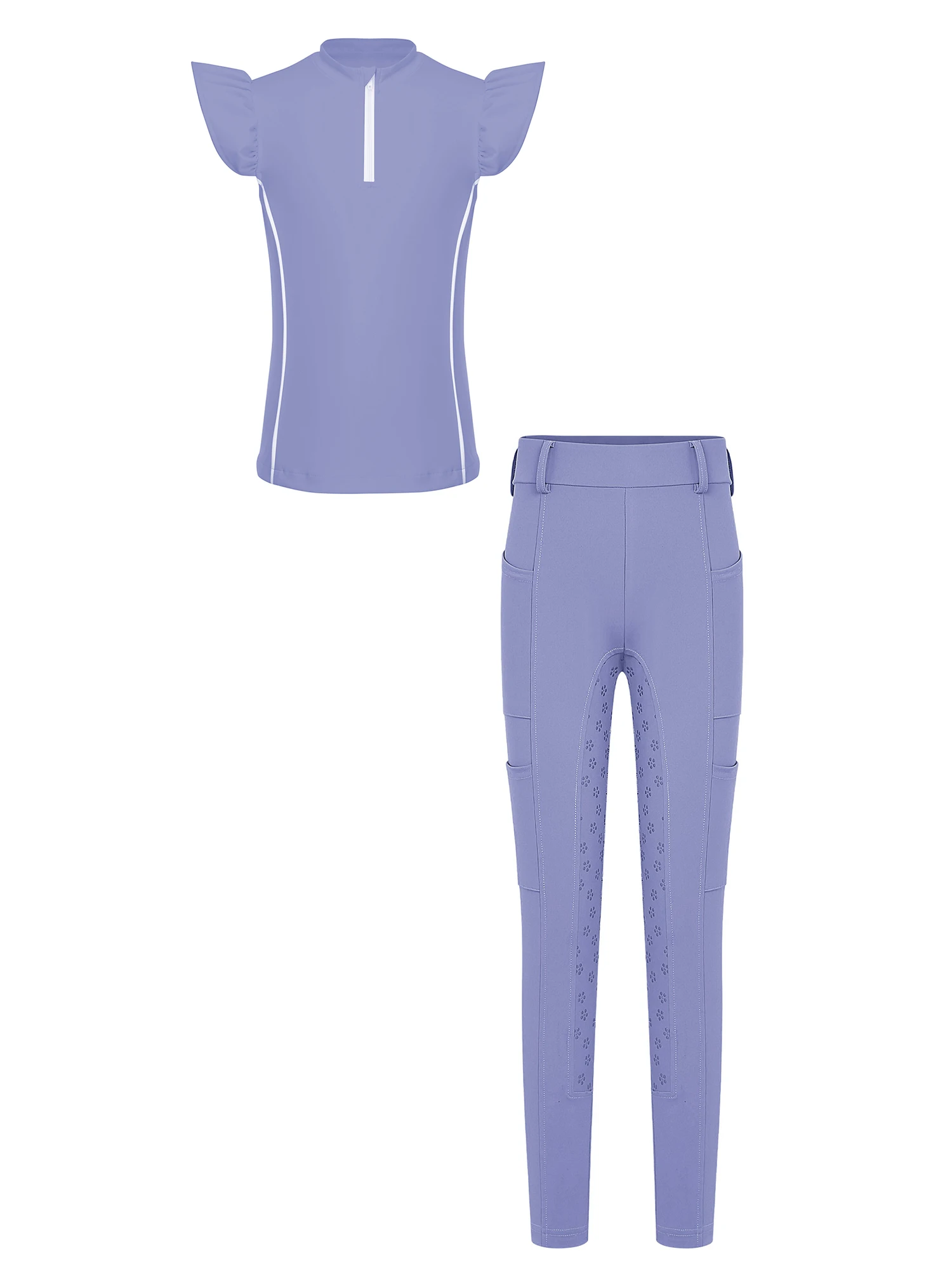 Kids Girls Equestrian T-shirt And Pants Sets Horse Riding Training Performance top with Anti Slip Full Seat Breeches Pants