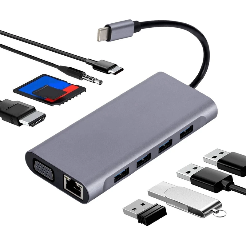Адаптер USB C-концентратора с 4K HD, VGA, USB 3.0, 100 Мбит/с RJ45 Ethernet, PD 87 Вт для Mac Mini, Mac Pro, Pro