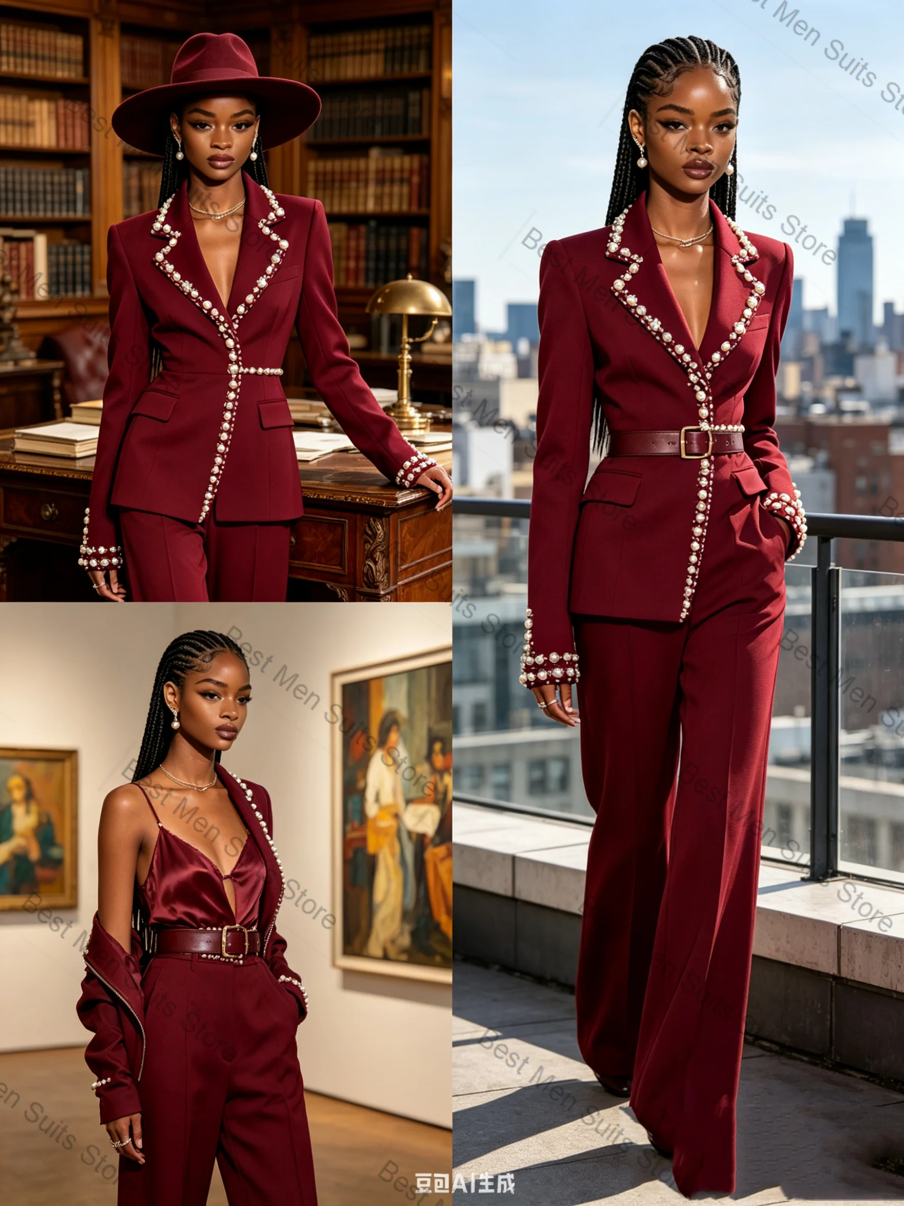 Pearls Burgundy Women Suit Set 2 Pcs Blazer+Pants Trousers Cotton Formal Office Lady Jacket Customized Wedding Guest Coat