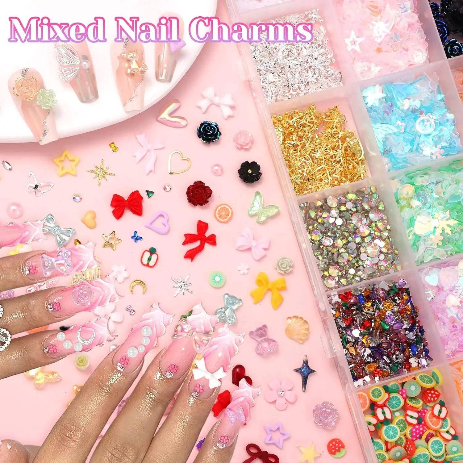 24-teiliges Nagelcharms-Set AB Strass Nagelperlen 3D Blumen Nageljuwelen Mehrformige Nagelkunst-Dekorationen für DIY Salon – Detail 1