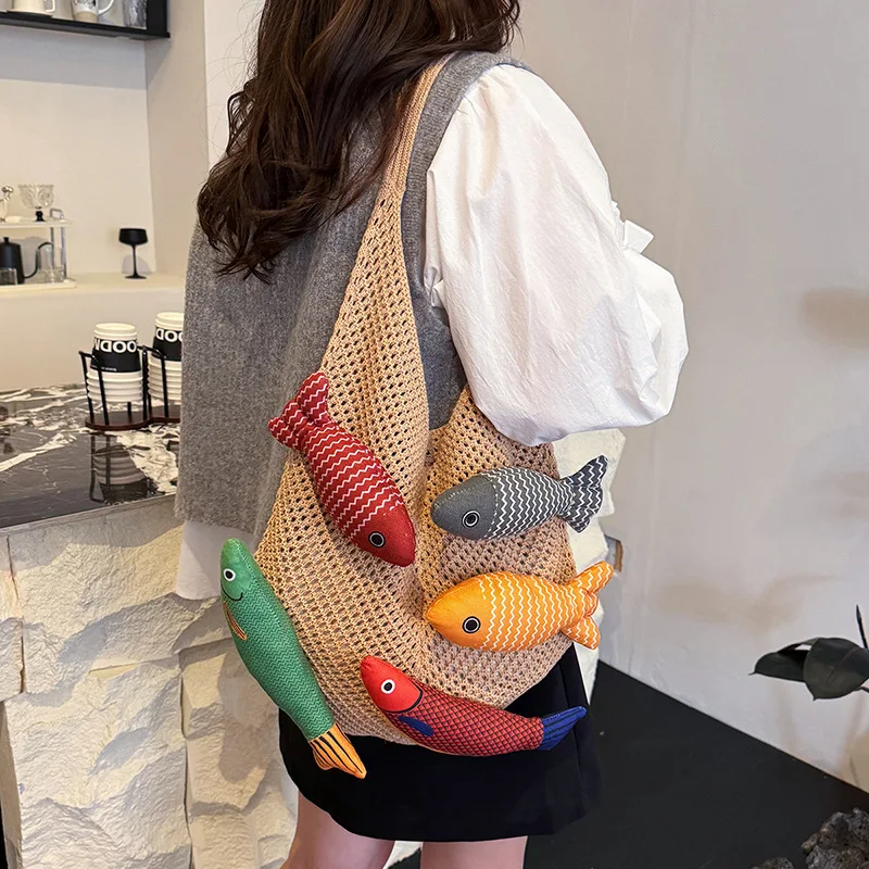

Contrast Knit Shoulder Bag Large Capacity Tote Bolsos De Mujer Literary Style Sac Femme Fish Spliced Bags for Woman Bolso