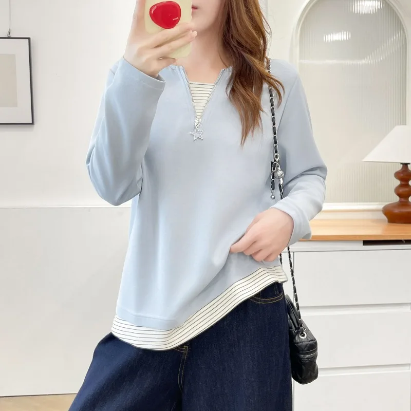 Women Top Autumn Fake Two Piece Striped Splicing Long Sleeve Shoulder Fit Slim Undershirt For Curvy