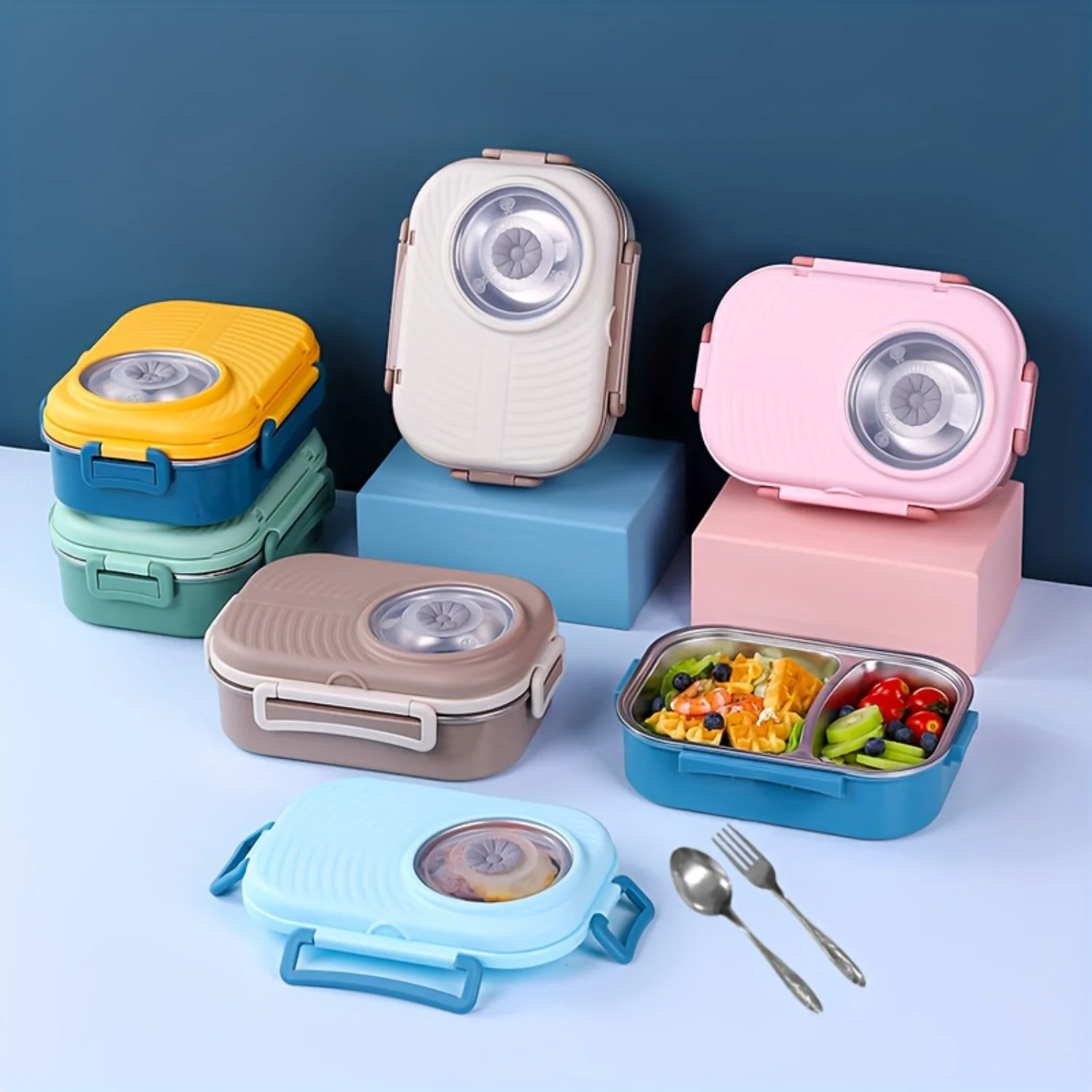 Bento Boxes, Stainless Steel Lunch Box With Lid And Cutlery For people, Stackable BPA-Free Food Containers With 3 Compartments A