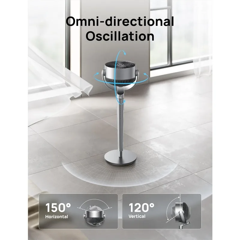 Ventilador de Pedestal con Control inteligente, ventiladores silenciosos oscilantes omnidireccionales para dormitorio, circulador de 110 pies, 43 pulgadas, 150 ° + 120 °