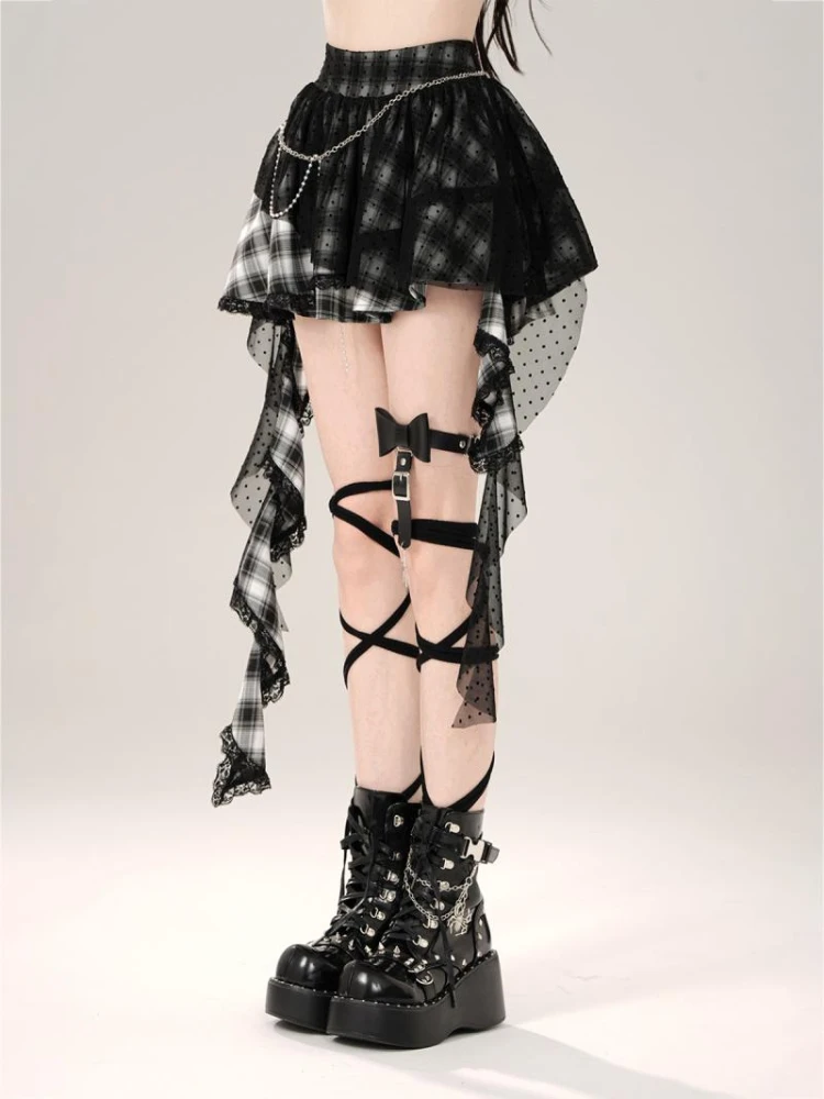 ADAgirl Goth Y2k Plaid Women Skirts Irregular Lace Mesh High Wasit Mini Skirt Gothic Style Punk Dark Aesthetics E-girl Clothes