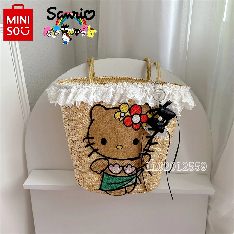 HelloKitty's New Beach Bag Cartoon Cute Grass Woven Bag Large Capacity Fashion Casual Women's Handbag Luxury Brand High Quality