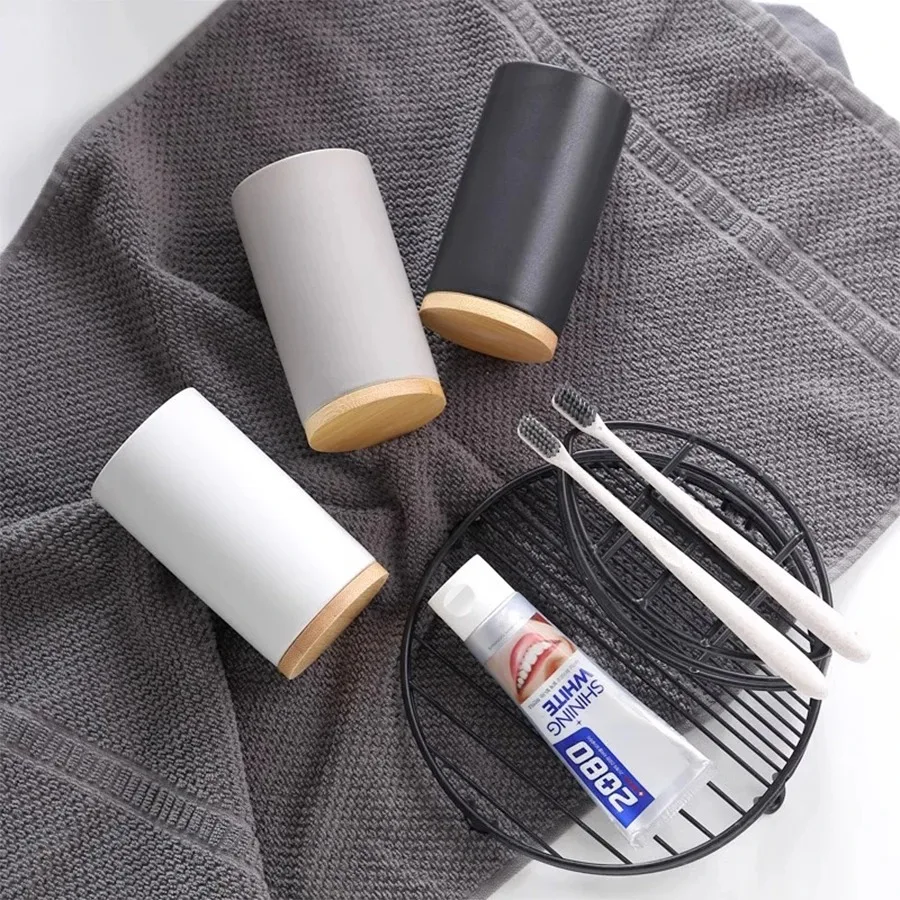 Ceramic Bathroom Accessories Set with Bamboo Tray for Bathroom Kitchen Countertop Includes Soap Dispenser Toothbrush Holder